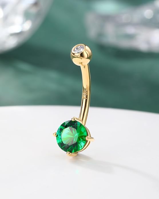 COCHARM 14K Gold Belly Button Rings for Women 14K Yellow Gold Belly Rings Round CZ Real Gold Belly Navel Piercing Jewelry