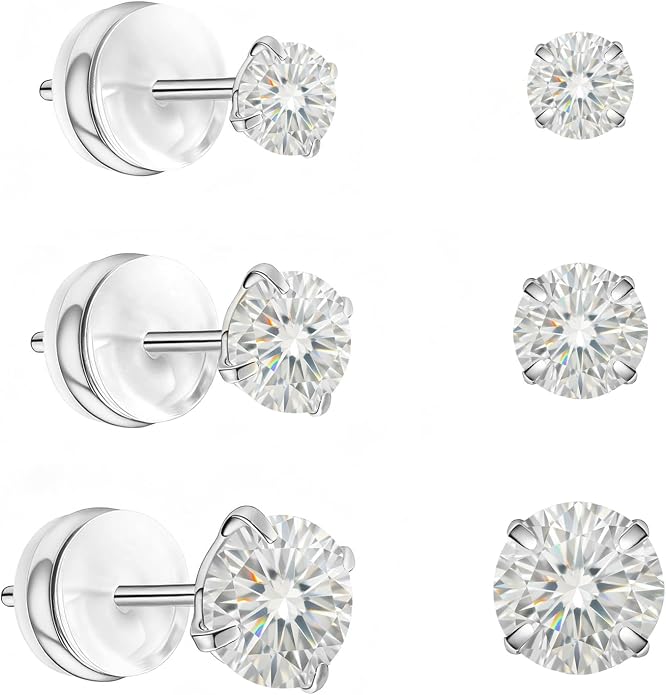 Moissanite Stud Earrings in 14K White Gold Plated Titanium | HypoAllergenic Earrings for Women & Men