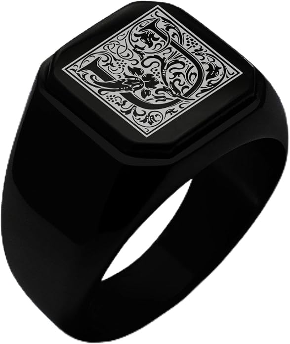 Jewelry | Stainless Steel Letter Alphabet Initial Ring | Square Flat Top Ring for Men & Women | Stainless Steel Jewelry, (Black, Gold, Silver), Size 7-16