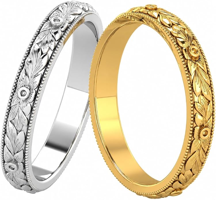 3mm Handmade Leaf Vintage Style Victorian Filigree Engraved Wedding Band Ring