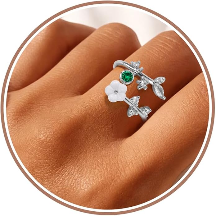 Gold Birthstone Rings for Women Non Tarnish Fashion Stackable Dainty 14KGold PlatedSilver/Rose Adjustable Emerald Green Ring Cubic Zirconia Gemstone Cute Pearl Shell Flower Promise Ring Engagement Birthday Gifts