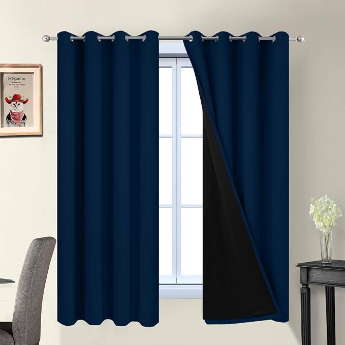 Yakamok Dark Blue 100% Blackout Curtains 63 Inches Long 52" Wide 2 Panels | Blackout Curtain Panels for Bedroom, 2 Thick Layers Grommet Top Thermal Insulated Drapes with Black Liner for Living Room