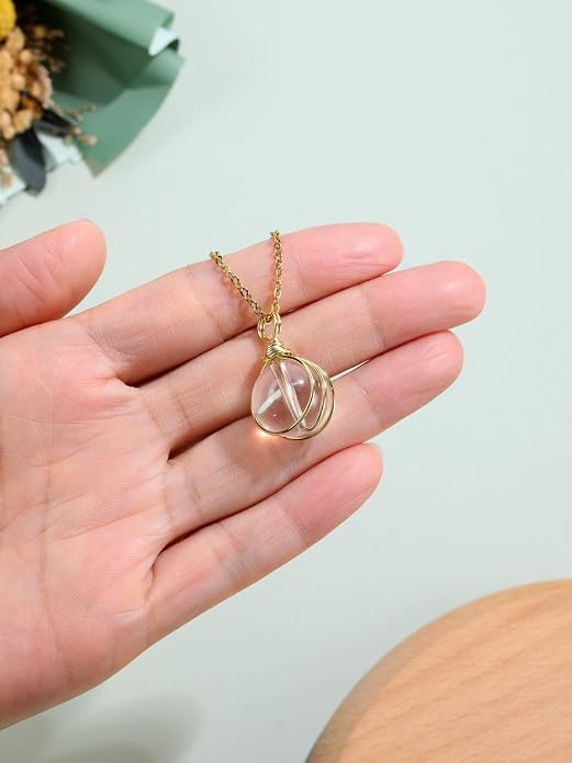 Jovivi Healing Crystal Stone Pendant Necklace Gold Wire Wrapped 16mm Natural Round Gemstone Ball Crystal Necklace for Women Men Reiki Quartz Jewelry