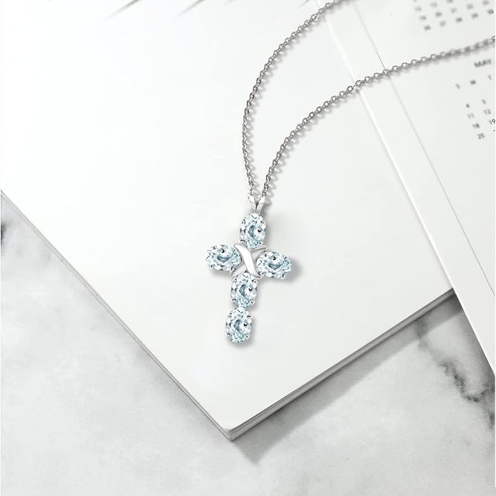 Gem Stone King Cross Pendant Necklace for Women | 925 Sterling Silver | 6X4MM Gemstone Birthstone | Jesus Christian Religious Crucifix Jewelry Gifts | 18 Inch Chain