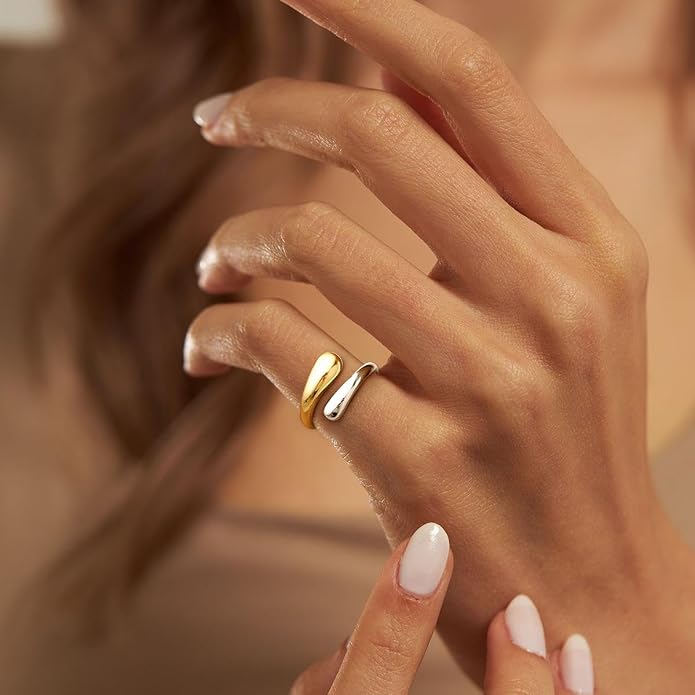 Non Tarnish Gold Chunky Rings for Women, 14K Gold Plated Statement Dome Rings Stacking Silver, Adjustable Mens Eternity Wedding Band Mixed Metal Jewelry Size 3-13