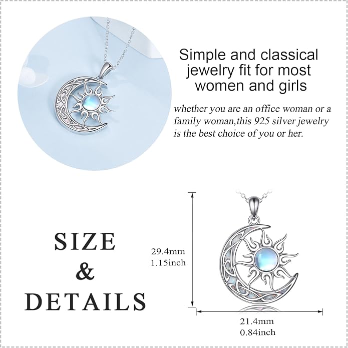 Sun and Moon Necklace for Women 925 Sterling Silver Celtic Crescent Moon Pendant Blue Opal/White Opal/Abelone Shell/Labradorite/Moonstone Jewelry Gift for Teen Girls