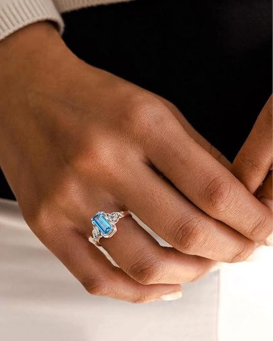 DAYBYDAY Celtic Birthstone Rings for Women, 925 Sterling Silver/18K Gold Plated Emerald Cut Celtic Knot Engagement Wedding Ring, Square Created Gemstone Promise Rings for Her Size 6-10