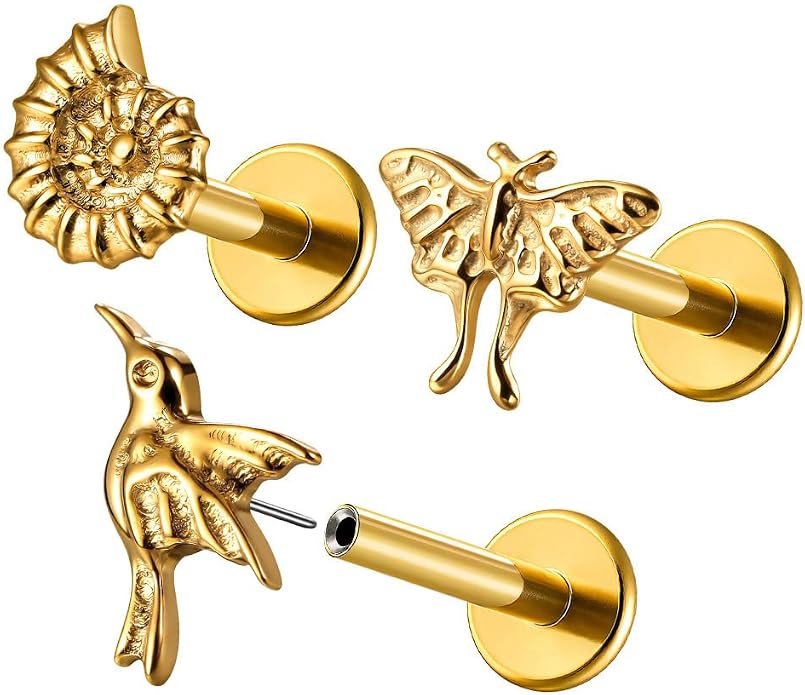 Casvort 3 PCS ASTM F136 Titanium 16G/18G Moth Bird Snail Flower Heart Spiral Threadless Flatback Piercing Stud for Nose, Labret, Tragus, Helix, Conch with 6mm 7mm and 8mm Post- Cartilage Earring Body Piercing Jewelry