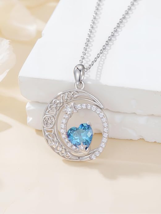 Dorunmo Heart Birthstone Necklace for Women 925 Sterling Silver Moon and Star Pendant Birthday Jewelry Gifts for Wife Her Daughter Mom
