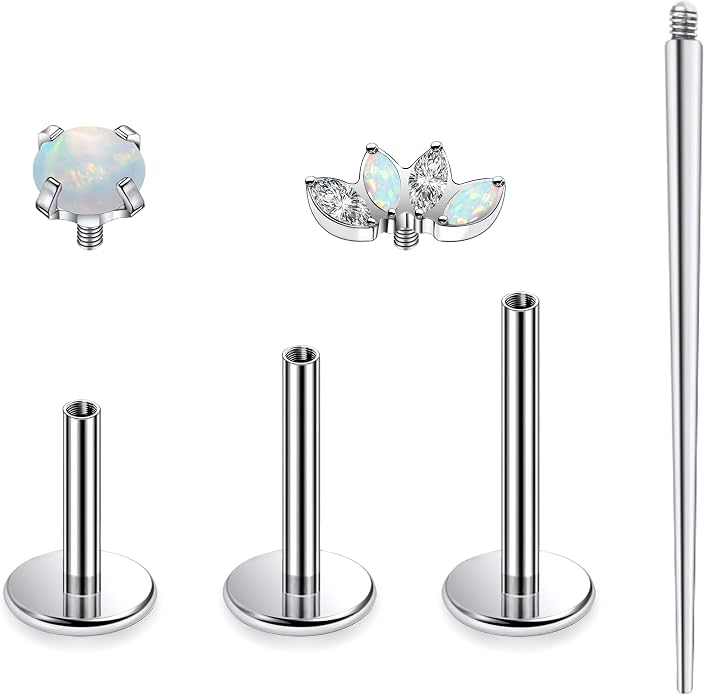 Ruifan Titanium Flat Back Lip Rings Internally Threaded Earrings Studs Nose Rings 16G Opal CZ Tragus Cartilage Lobe Rook Helix Conch Labret Medusa Piercing Jewelry for Women Men W Piercing Taper Set