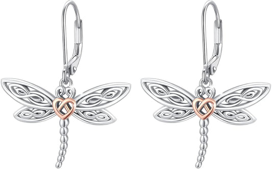 Dragonfly Leverback Hoop Hook Earrings 925 Sterling Silver Celtic Dangle Drop Earrings Dragonfly Huggie Earrings Dragonfly Jewelry Gifts for Women
