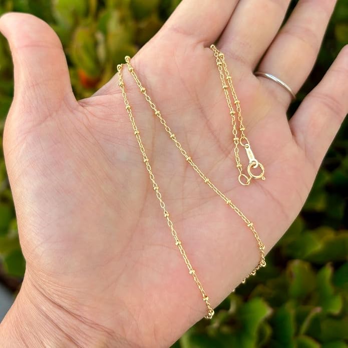 Adabele Solid 925 Sterling Silver Gold Filled White Gold Satellite Bead Station Chain Necklace Cute Dainty Thin Tarnish Resistant Hypoallgeneric Women Neck Jewelry