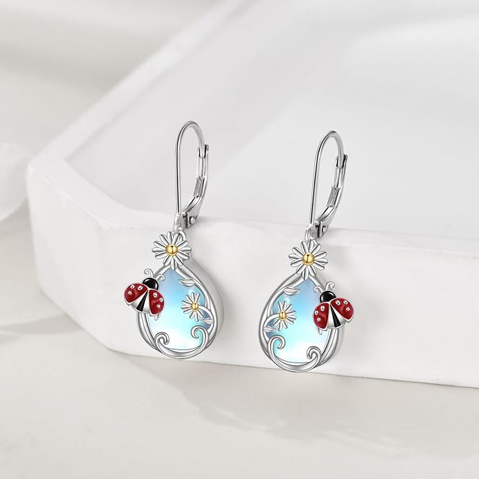 AOBOCO Teardrop Dangle Earrings for Women 925 Sterling Silver Moonstone Flower Filigree Leverback Jewelry Birthday