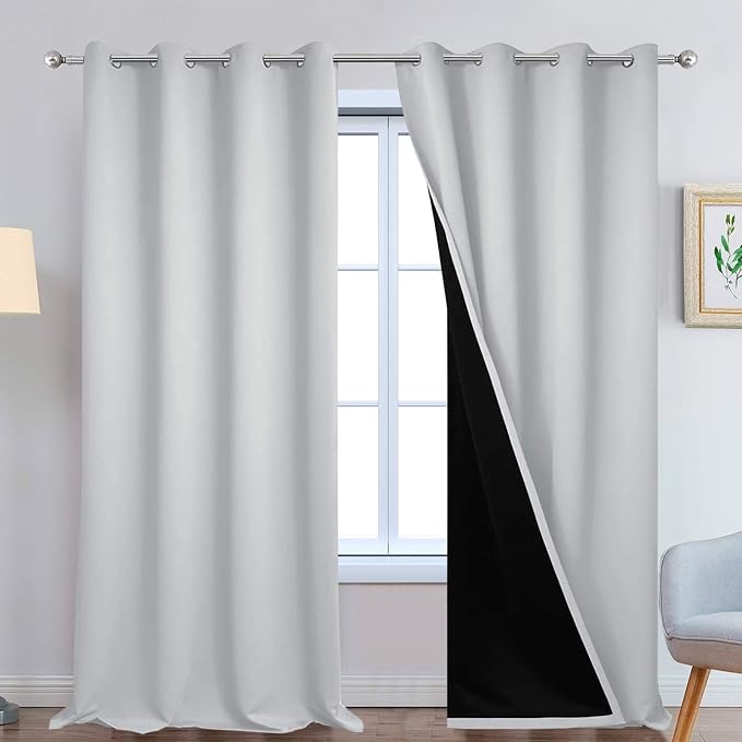 Yakamok Light Grey 100% Blackout Curtains 108 Inches Long 52" Wide 2 Panel | Blackout Curtain Panels for Bedroom, 2 Thick Layers Grommet Top Thermal Insulated Drapes with Black Liner for Living Room