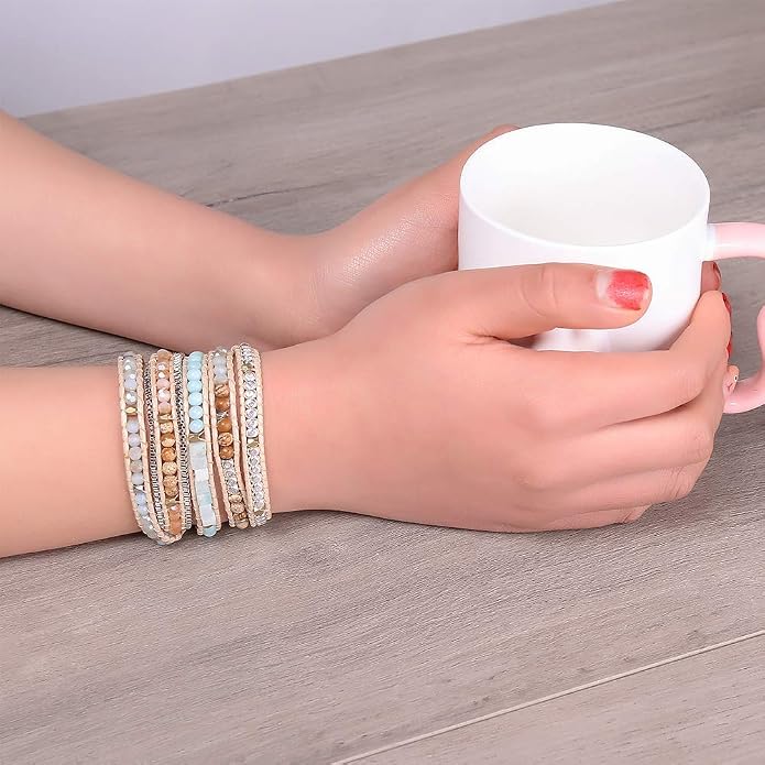 Plumiss Women Boho Handmade Natural Stone Crystal Leather Bead Wrap Bracelets Collection