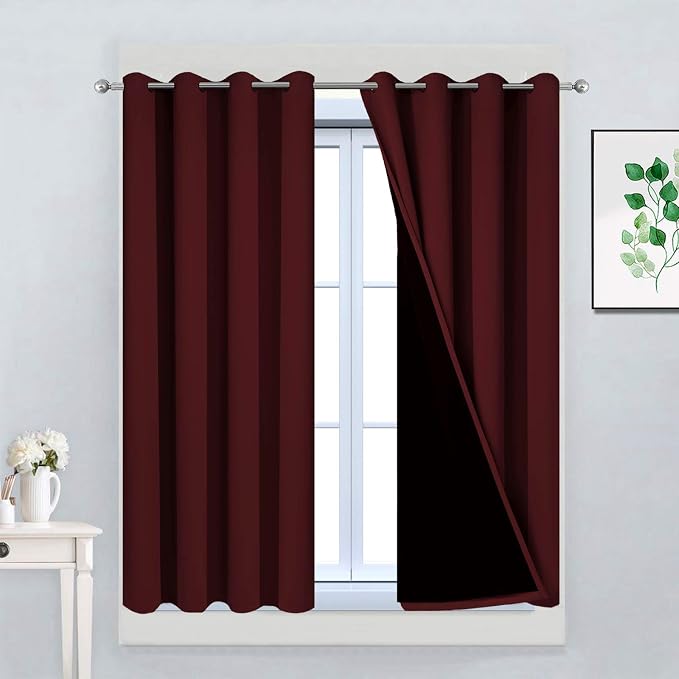 Yakamok Burgundy Red Blackout Curtains 45 Inches Long for Bedroom 52" Wide | Blackout Curtain Panels for Bedroom, 2 Thick Layers Grommet Top Thermal Insulated Drapes with Black Liner for Living Room