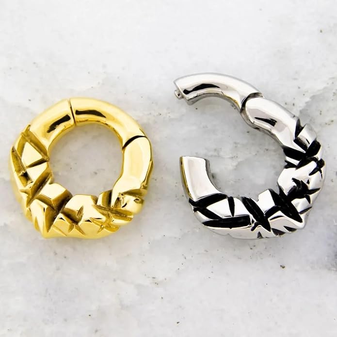 6GA 316L Stainless Steel Crinkled Texture Design Hinged Clicker Rings for Stretched Piercings, Sold as a Pair