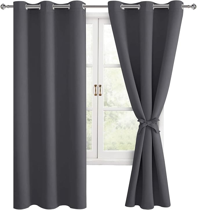 Hiasan Grommet Blackout Curtains for Bedroom, 38 x 63 Inches Length - Thermal Insulated & Light Blocking Window Curtains for Living Room, 2 Drape Panels Sewn with Tiebacks, Dark Grey