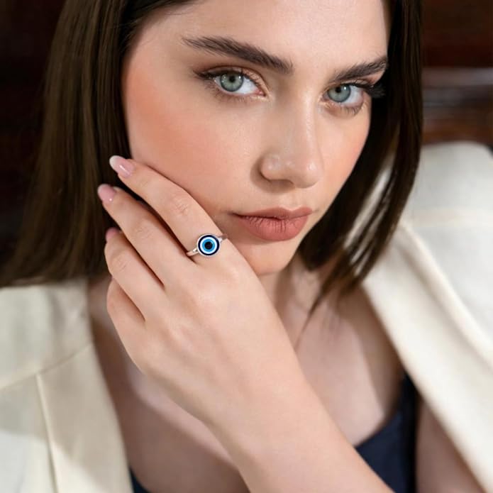 Ello Elli Evil Eye Ring for Women, Minimalist Stainless Steel Band, Blue Eye Protection Design, Sleek Everyday Jewelry