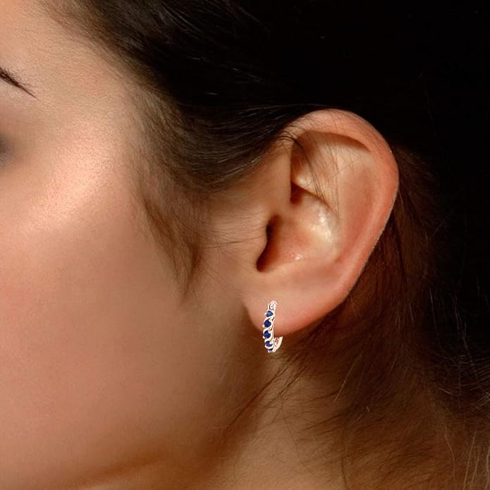Dainty Hoop Earrings for Women Round Cut Simulated Blue Sapphire Gemstone Earrings in 14K Gold Plated 925 Sterling Silver Minimalist | Delicate Jewelry for Her