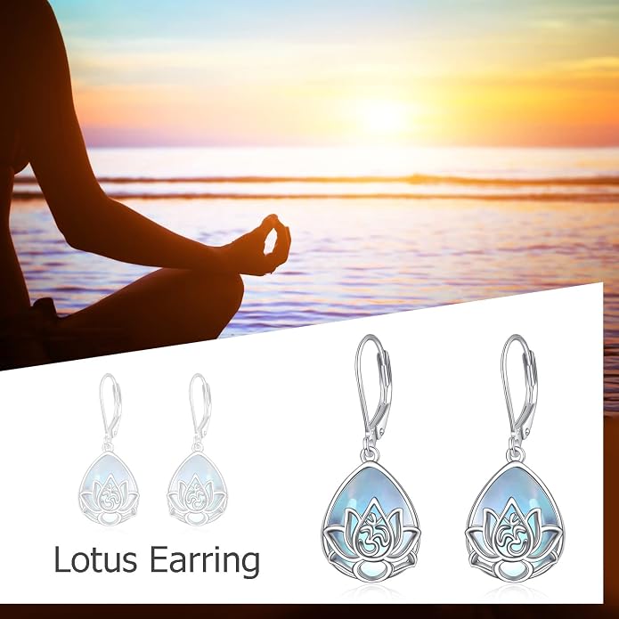 Lotus Earrings Sterling Silver Lotus Flower Dangle Drop Earrings Yoga Jewelry Gifts for Women