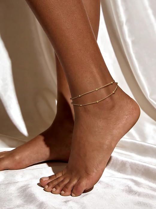 U7 Silver/Gold Ankle Bracelets for Women Layered Chain Anklets Stainless Steel Waterproof Summer Beach Anklet Cham, Adjustable 8.5"-10.5"