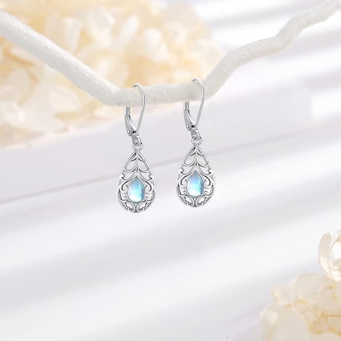Dangle Earrings Sterling Silver Moonstone/Turquoise/CZ/Crystal Earrings for Women Tree of Life Animal Filigree Leverback Earrings Jewelry Gifts