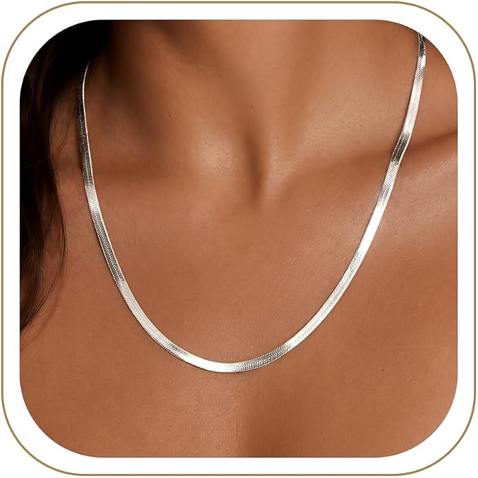 WomenGifts 14K Gold Silver Plated Herringbone Necklace for Women, Dainty Snake Chain Choker, Trendy Simple Long Layered Jewelry Non Tarnish, 3/4/5/8mm,14,16,18,20,22,24,26 Inch Thin & Chunky Options