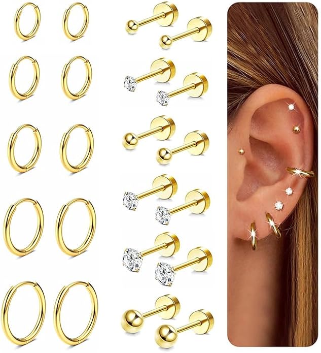 LOLIAS Small Hypoallergenic Flat Back Stud Earrings for Women Men 14K Gold Plated Surgical Stainless Steel Earring Sets Tiny Screw Back Cartilage Earrings for Sensitive Ears