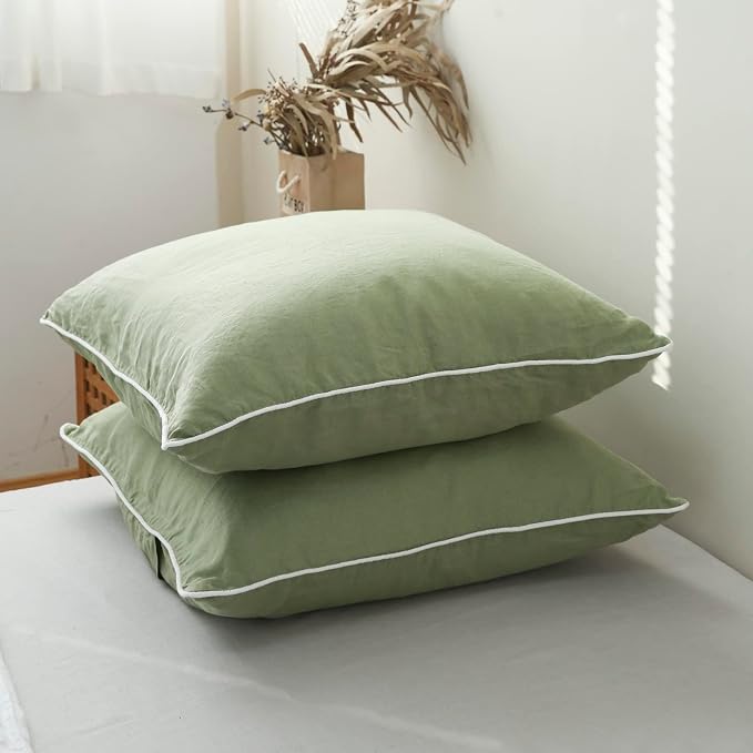 Simple&Opulence 100% Linen Euro Sham Covers with Piping Trim, 26"x26" Pillow Cover Set of 2, Breathable Pillow Shams for Bed Couch Decorative Cushions, Sage Green