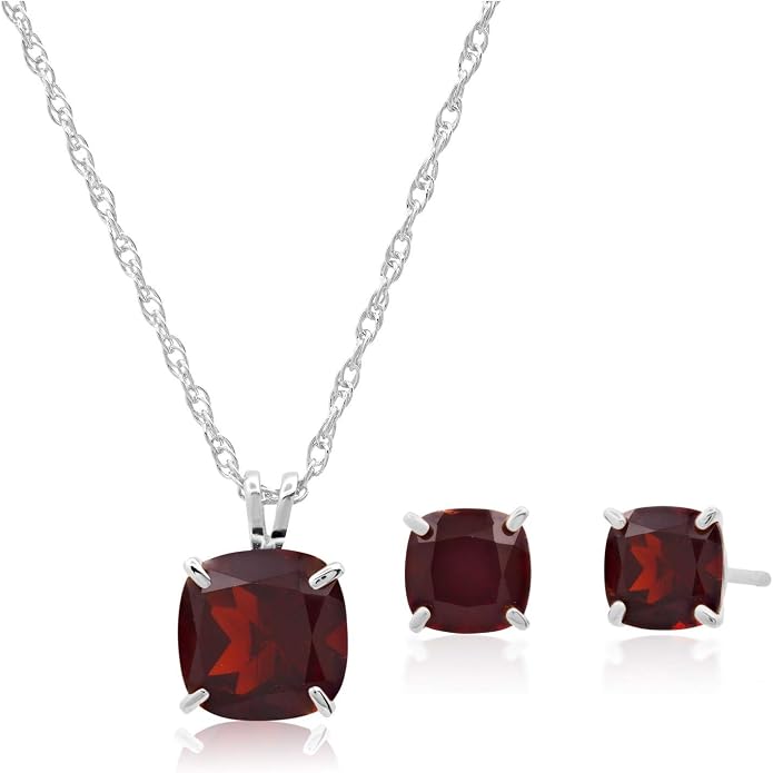 MAX + STONE 14k Gold Plated or Sterling Silver Cushion Cut Gemstone Stud Earrings and Pendant Necklace for Women with 6mm and 8mm Birthstones 18 Inch Chain and Push Backs Jewelry Set