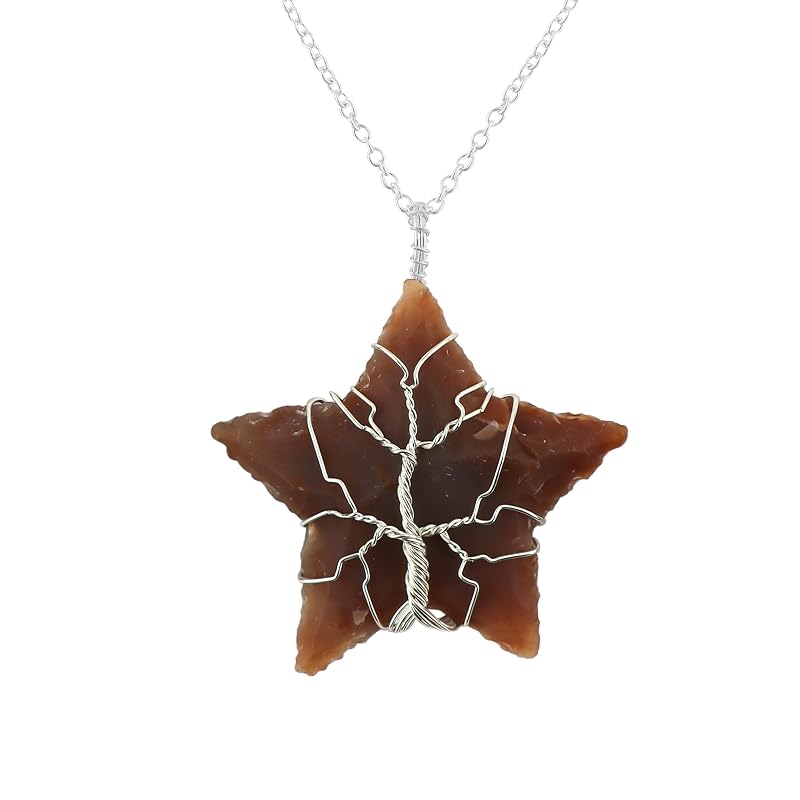 Tree of Life Craft - Raw Jasper Rough Crystals Pendant Necklace, Heart & Star & Arrow Shapes, Wire Wrapping, Gift Giving Women Jewelry with Dainty Silver Plated Chain 18 inch (3pcs)
