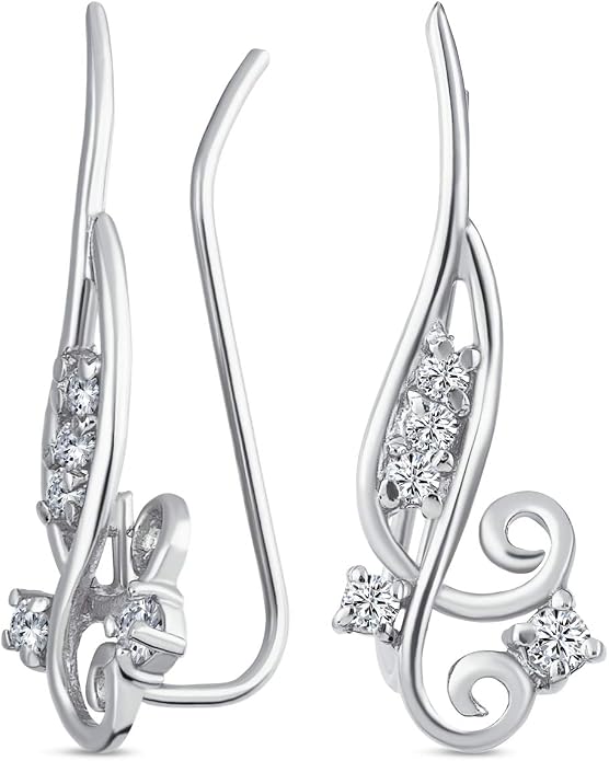 Trendy Scroll Swirl Wire Ear Pin Climbers Earrings For Women Teen AAA CZ Crawlers 14K Gold Plated .925 Sterling Silver