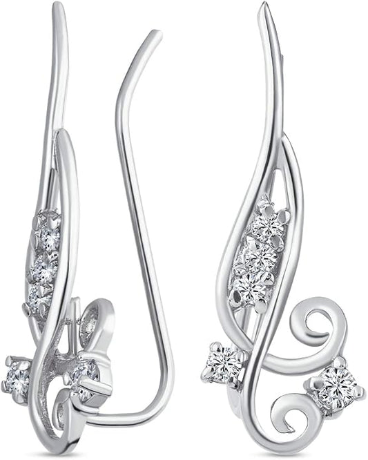 Trendy Scroll Swirl Wire Ear Pin Climbers Earrings For Women Teen AAA CZ Crawlers 14K Gold Plated .925 Sterling Silver
