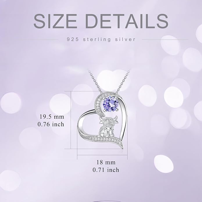 Highland Cow Gifts for Women 925 Sterling Silver Highland Cow Birthstone Necklace Fluffy Cow Jewelry Gifts Birthday Christmas