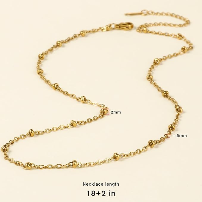 Cadikez 24PCS Gold Satellite Chain Necklace Bulk, 1.5mm 18inch 18K Gold PVD Plated Stainless Steel Finished Beaded Cable Link Chains for Necklace Jewelry Making