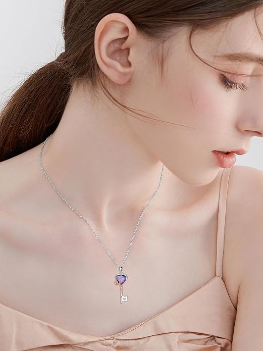OCJ Zodiac Necklace for Women 925 Sterling Silver Rose Flower Key Pendant Necklaces Zodiac Birthstone Jewelry Wife Birthday Anniversary Christmas Gifts for Her