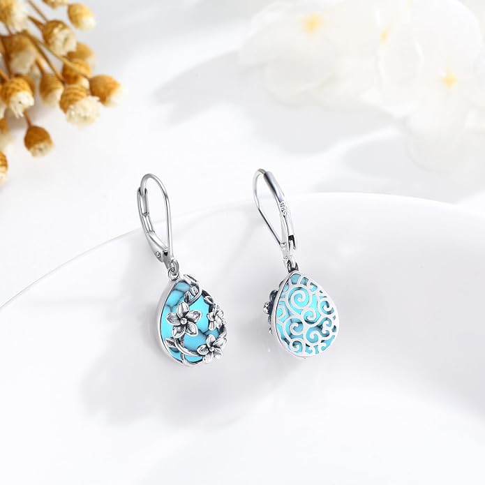 Flower Earrings 925 Sterling Silver Flower Teardrop Leverback Dangle Earrings Jewelry Gifts for Women Girls