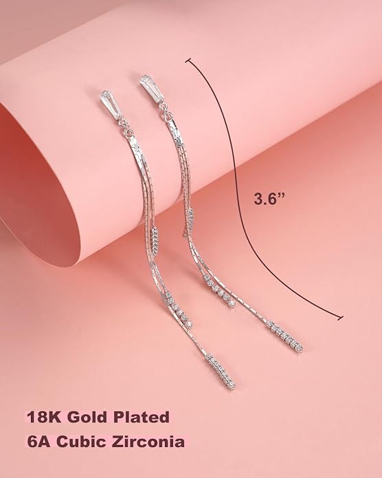 Asymmetrical Chain Dangle Earrings for Women 18K Gold Plated 925 Silver Circle and Long Ear Pin Tassel Chain Triangle Wing-Inspired 6A CZ Drop Earring Geometric Symbolic Earrings Jewelry Gifts