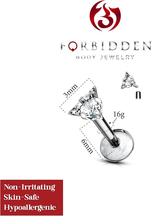 Forbidden Body Jewelry 16 g Titanium Internally Threaded CZ Triangle Flat Back Piercing Stud Earring, Helix, Cartilage, Labret, Monroe for Women or Men