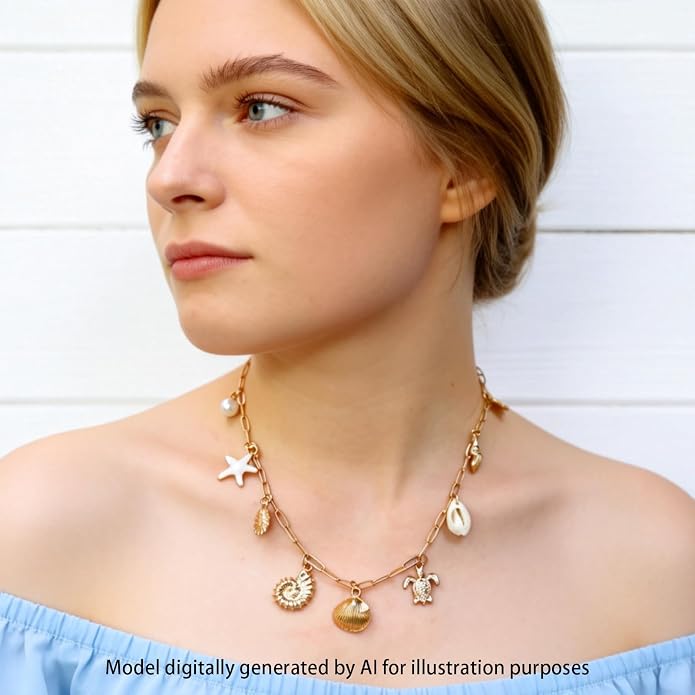 14K Gold Plated Paper Clip Chain Link Necklace Satellite Cross Key Starfish Turquoise Heart Necklace for Women