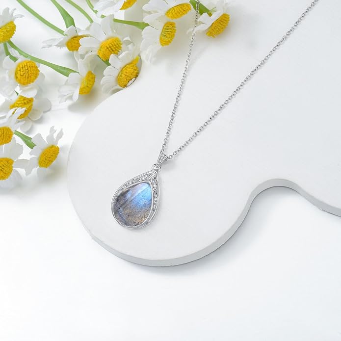 HPQQ Teardrop Necklace 925 Sterling Silver Filigree Gemstone Pendant Necklace Fine Jewelry Birthday Mother's Day Gifts for Women Her Mom