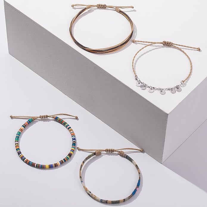 FANCY SHINY Waterproof String Anklets Boho Clay Beads Ankle Bracelets Cute Cloth Stainless Steel Coin Anklet Set Beach Summer Jewelry for Women