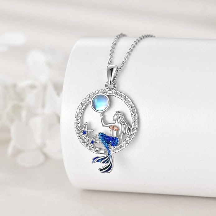 LUHE Mermaid Necklace Jewelry Gifts Sterling Silver Sea Mermaid Crescent Moon and Star Necklace with Flower Pendant Birthday Gifts for Daughter Women