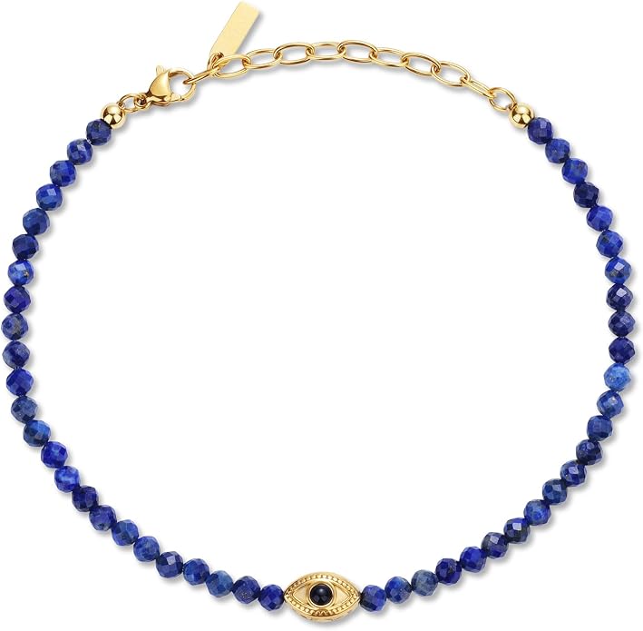 COAI Evil Eye Anklet for Women, Summer Waterproof Anklet for Women Lapis Lazuli Moonstone Black Tourmaline Ankle Bracelet