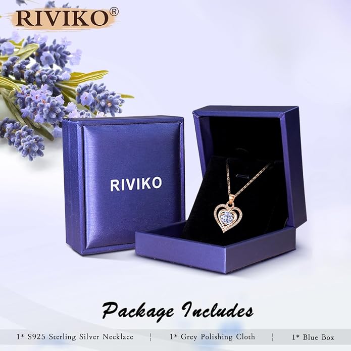 RIVIKO Heart Birthstone Pendant Necklace for Women 925 Sterling Silver Zirconia Necklaces Valentine's Day Anniversary Birthday Mothers Day Jewelry Gifts For Her Mother Wife