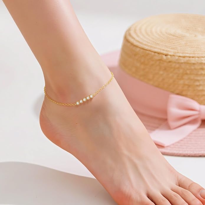 14K Gold Plated Ankle Bracelets for Womens Ankle Bracelet 14K Gold Plated Anklets for Women Elegant Line with Five Cubic Zirconias Anklets for Womens Adjustable 9.4+1.6in