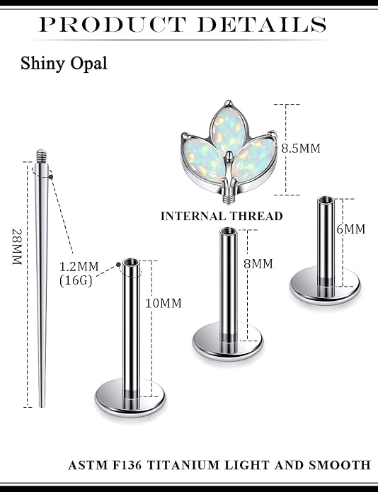 16G Astm F136 Titanium Internal Thread Flat Back Earrings Nose Studs Tragus Forward Helix Conch Cartilage Lobe Earrings Stud Medusa Labret Monroe Lip Ring Piercing Jewelry For Women Men