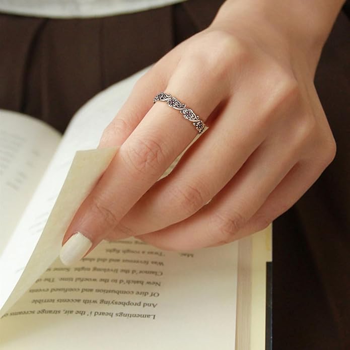 SHINYSO 925 Sterling Silver Rings for Women Retro Daisy Stacking Ring Eternity Wedding Band for Women Size 4-10
