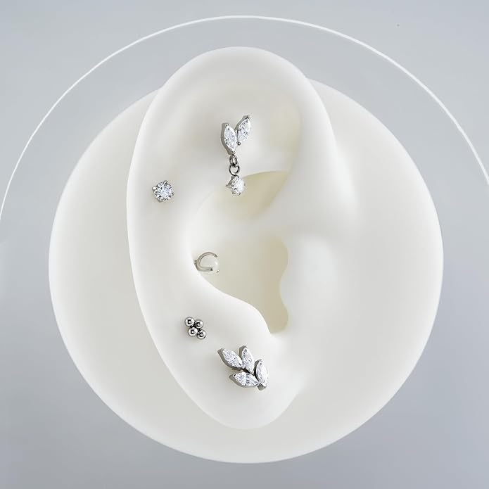 FINE4U 1PC Leaf Flat Back Stud Flat, Helix, Conch, Tragus 6mm 8mm - ASTM F136 Titanium Screw on Body Piercing Jewelry